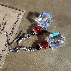 Faceted Czech Crystal Clear Red Black Silver Cube and Bicone Earrings